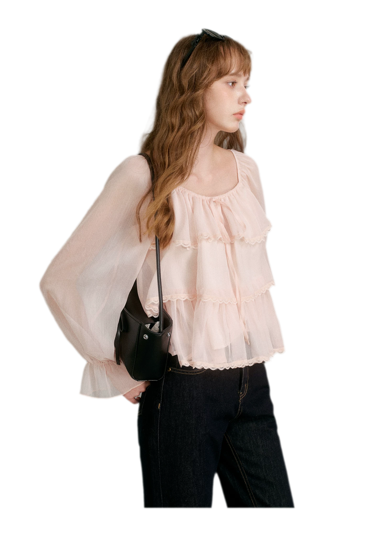 Chiffon Ruffle Lantern Sleeve Blouse