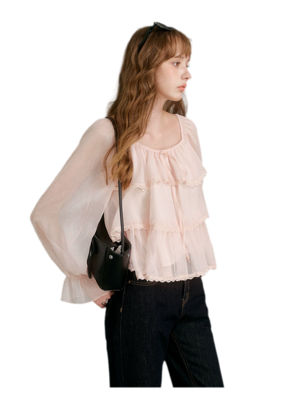 Chiffon Ruffle Lantern Sleeve Blouse