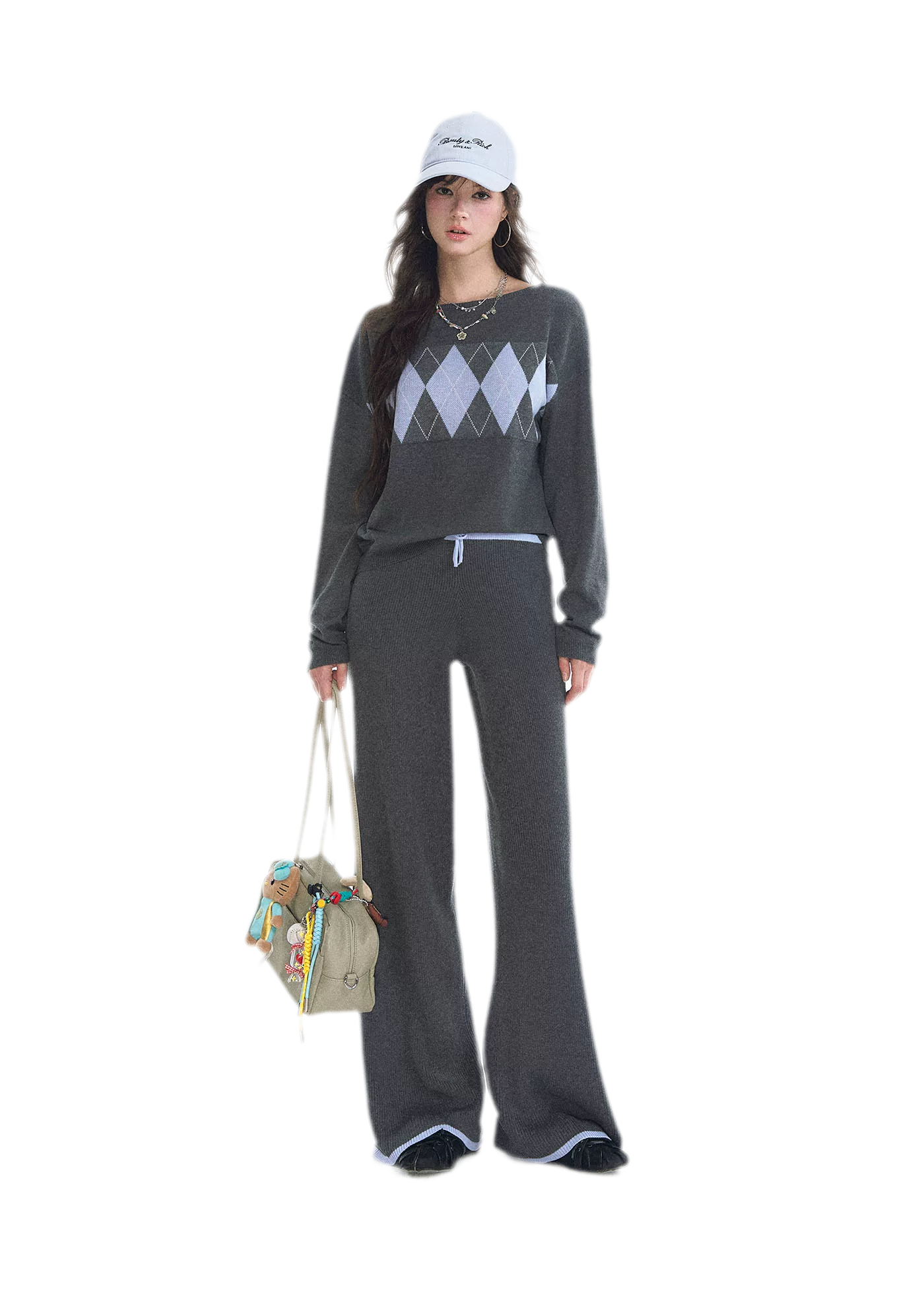 Argyle Off-Shoulder Knit Set