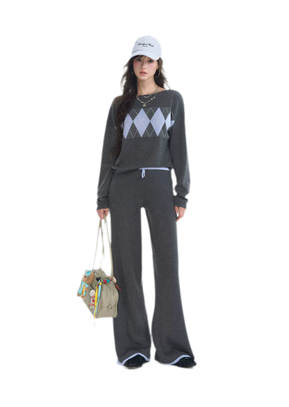 Argyle Off-Shoulder Knit Set
