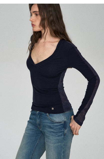 Wool Lyocell V-Neck Long Sleeve Top with Lace