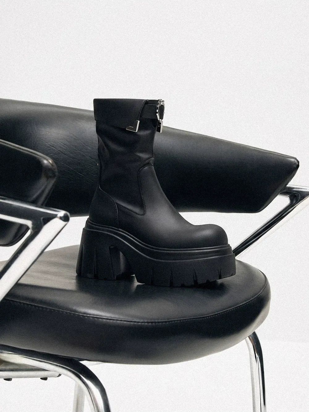 Metallic Strap Platform Mid-Calf Boots