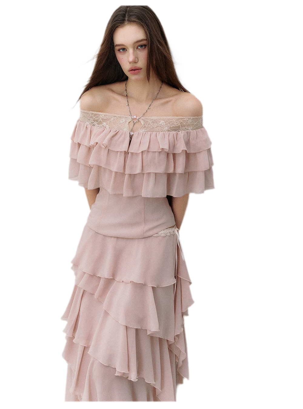 Layered Chiffon Lace Off-Shoulder T-Shirt