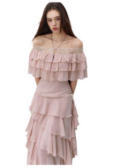 Layered Chiffon Lace Off-Shoulder T-Shirt