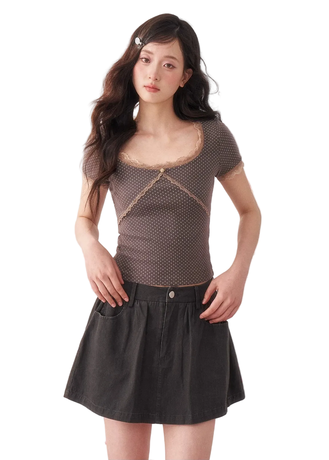 Vintage Polka Dot Lace Square Neck T-shirt