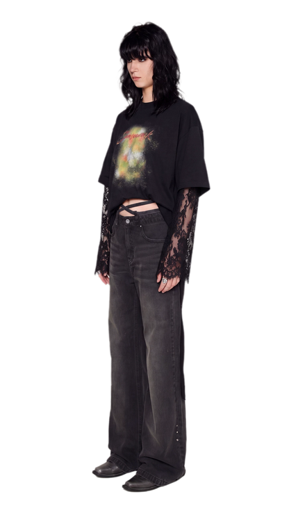 Rhinestone Micro-Flare Cotton Jeans
