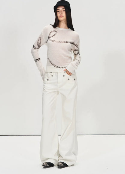 Mohair Wool Sweater with Irregular Chain Print