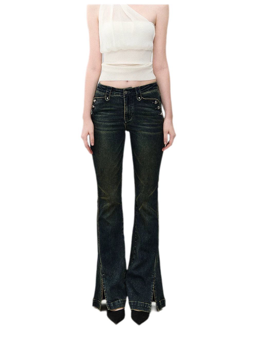 Washed Slit Flare Jeans