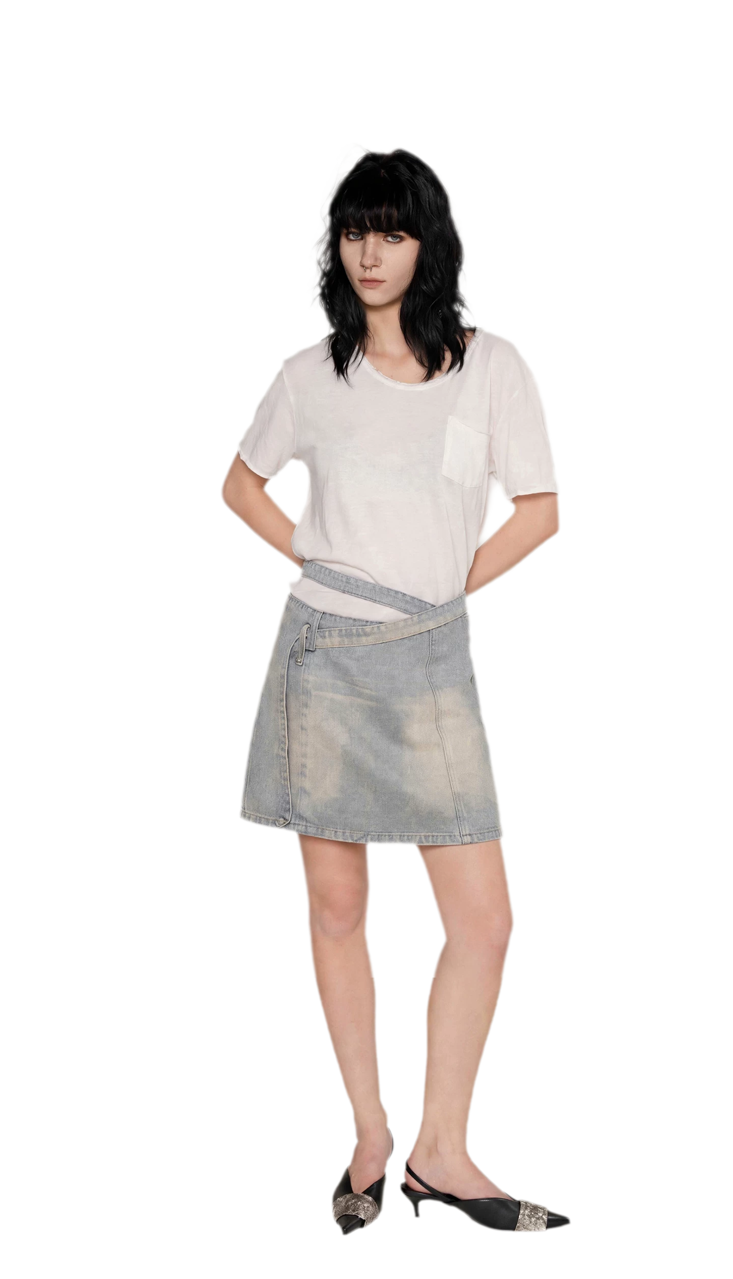 Distressed Denim Separated-Waist Skirt