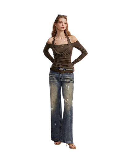 Washed Paint-Splatter Wide-Leg Jeans