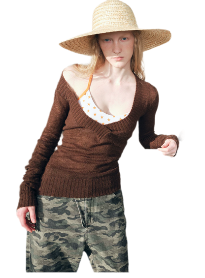 Faux Mohair Deep-V Sweater