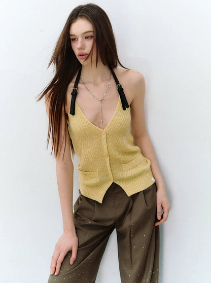 Colorblock Halter V-Neck Linen Knit Vest