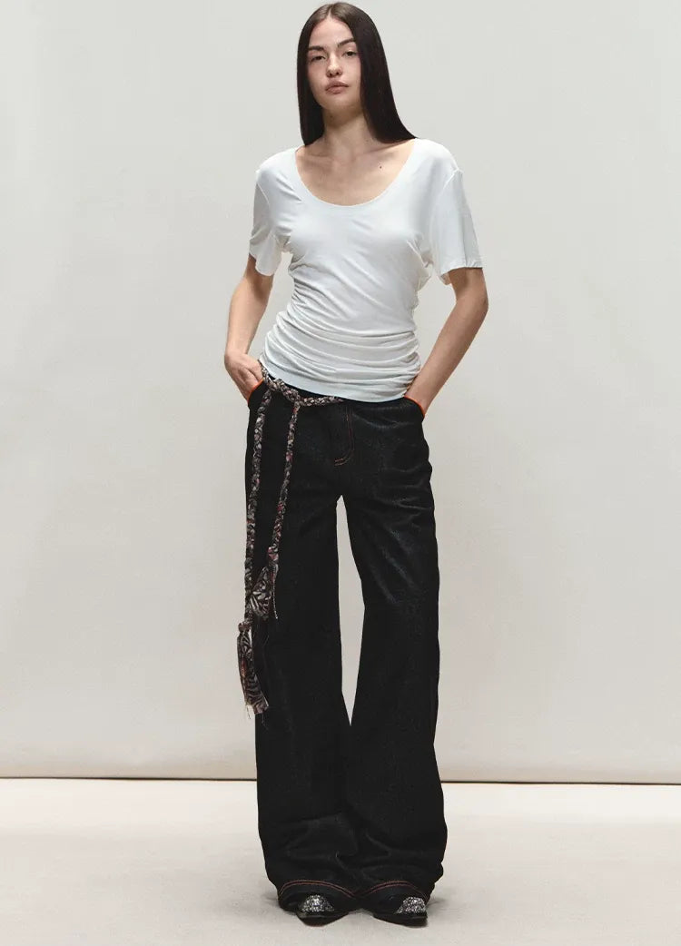 Relaxed Fit Mid-Length Two-Tone Classic U-Neck T-shirt