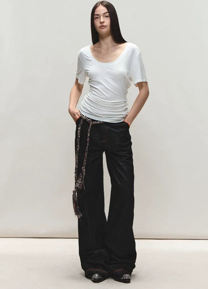 Relaxed Fit Mid-Length Two-Tone Classic U-Neck T-shirt