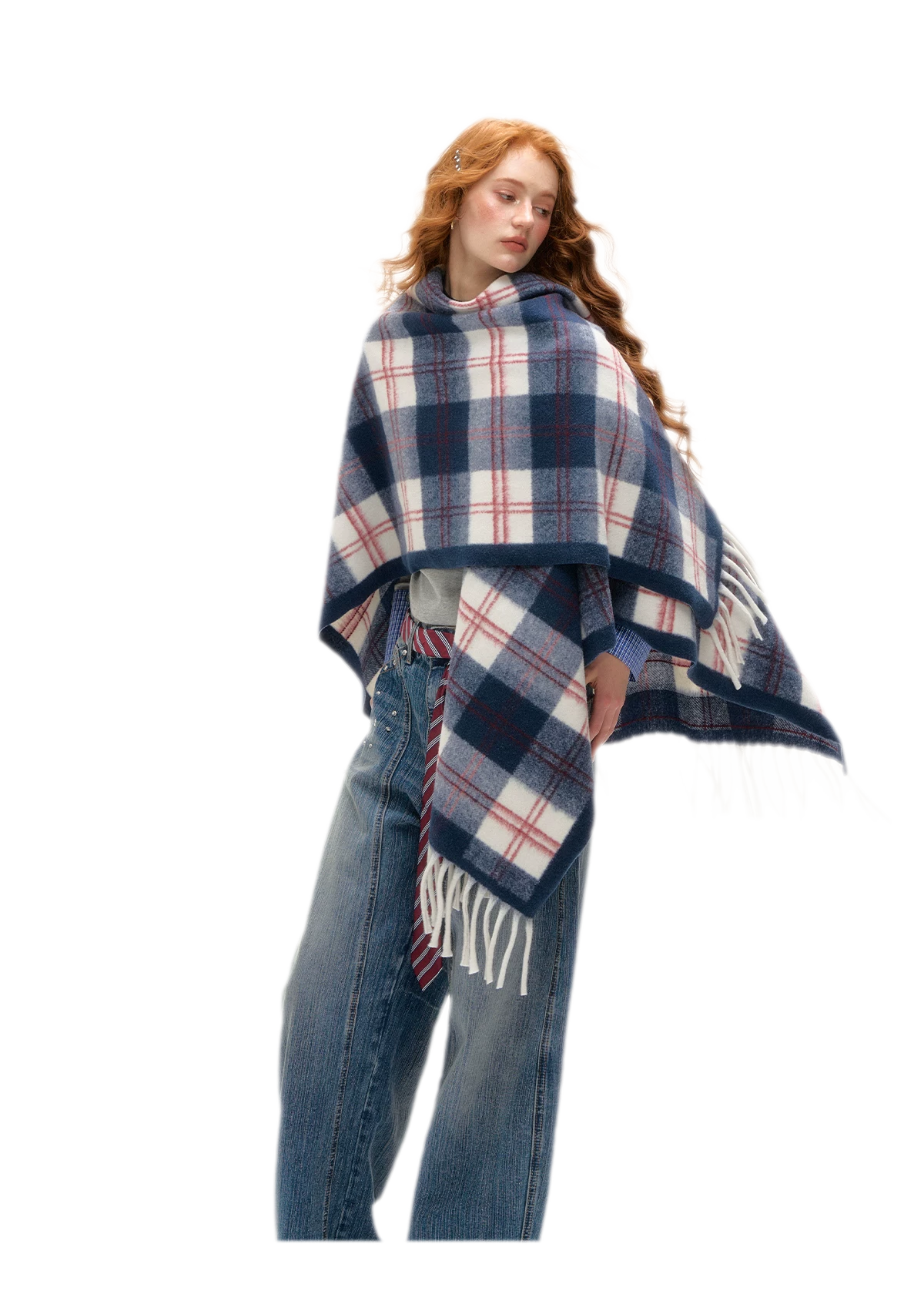 Vintage Plaid Fringed Shawl