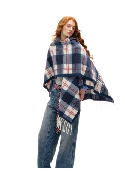 Vintage Plaid Fringed Shawl