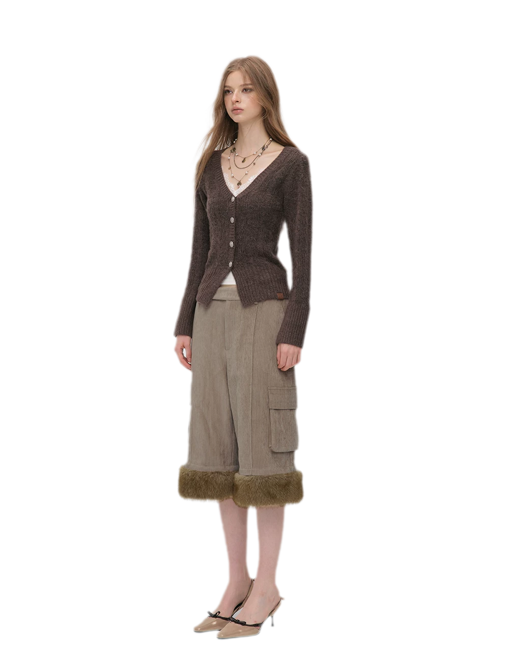 Brushed Cable-Knit Fitted Cardigan