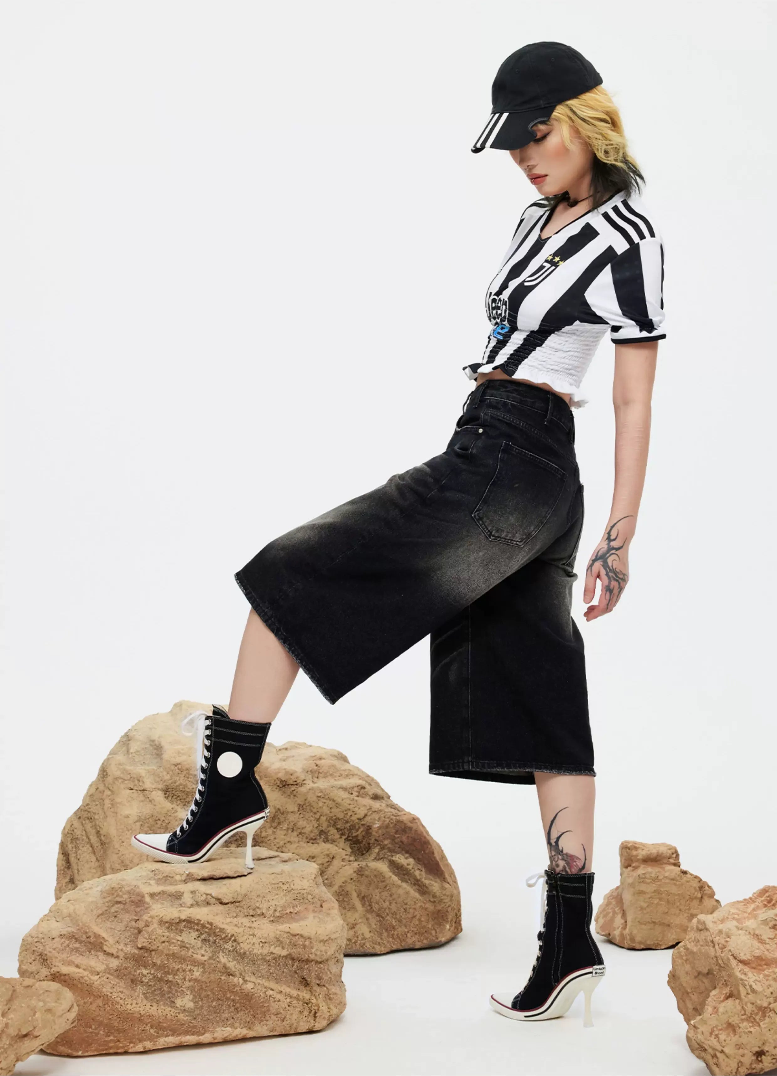Canvas Lace-Up High-Heel Boots