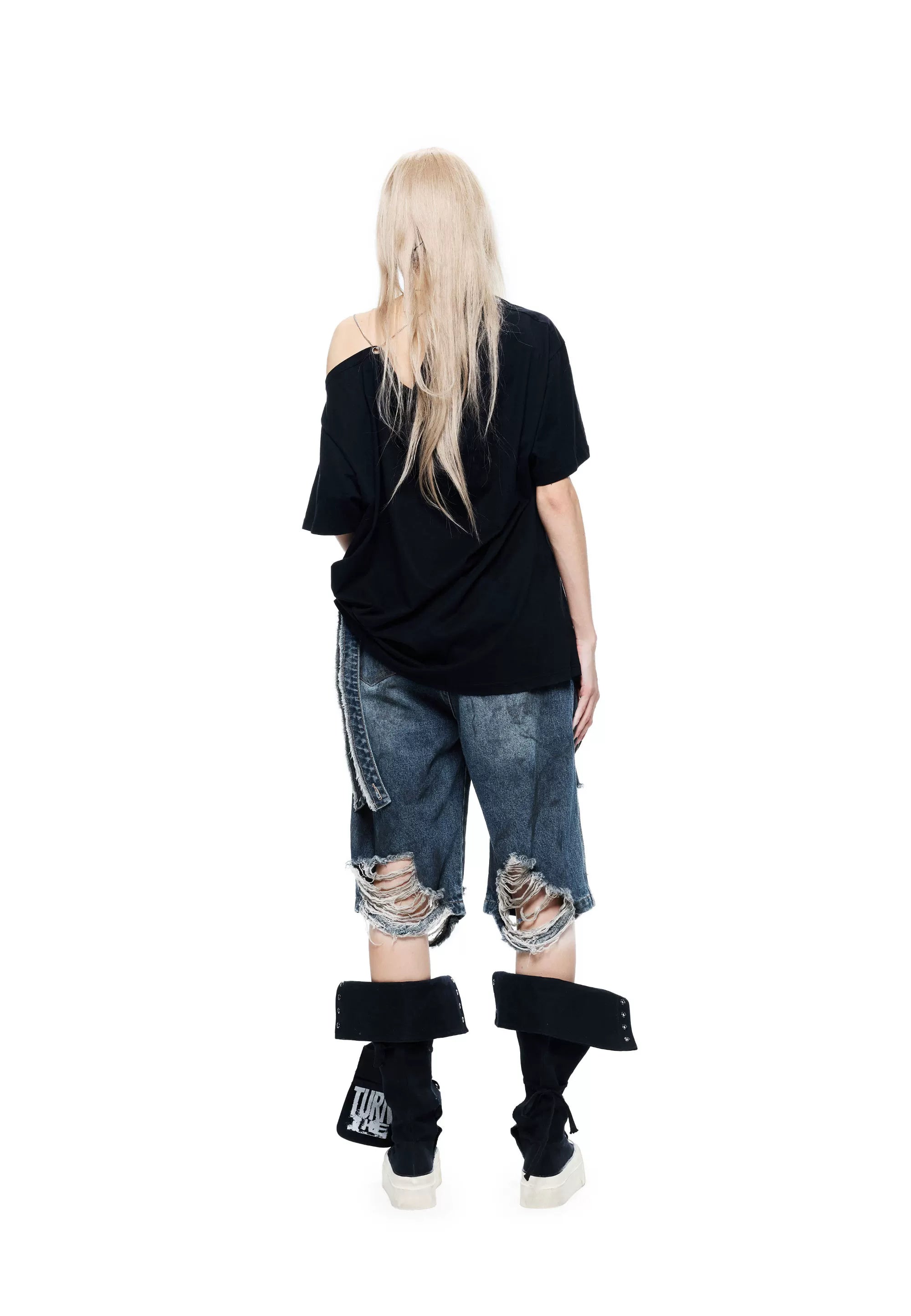 Punk T-shirt with Distressed Print and Open Back