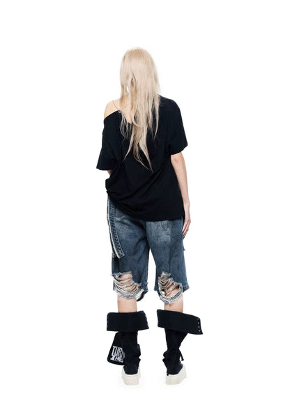 Punk T-shirt with Distressed Print and Open Back