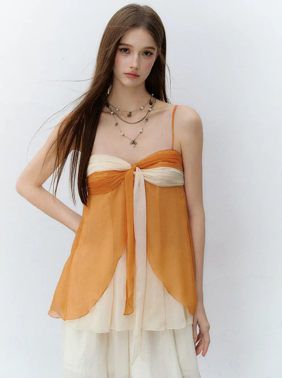 Color Catcher Irregular Contrast Pleated Chiffon Camisole
