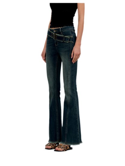 Washed Panel Flare Jeans
