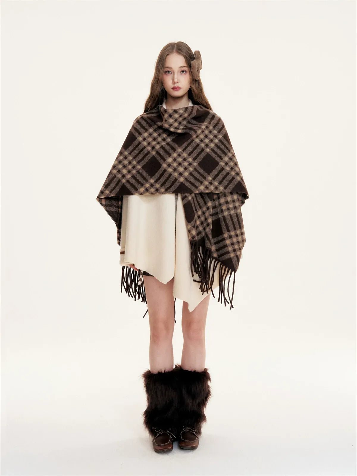 Fleece Checked Fringe Poncho