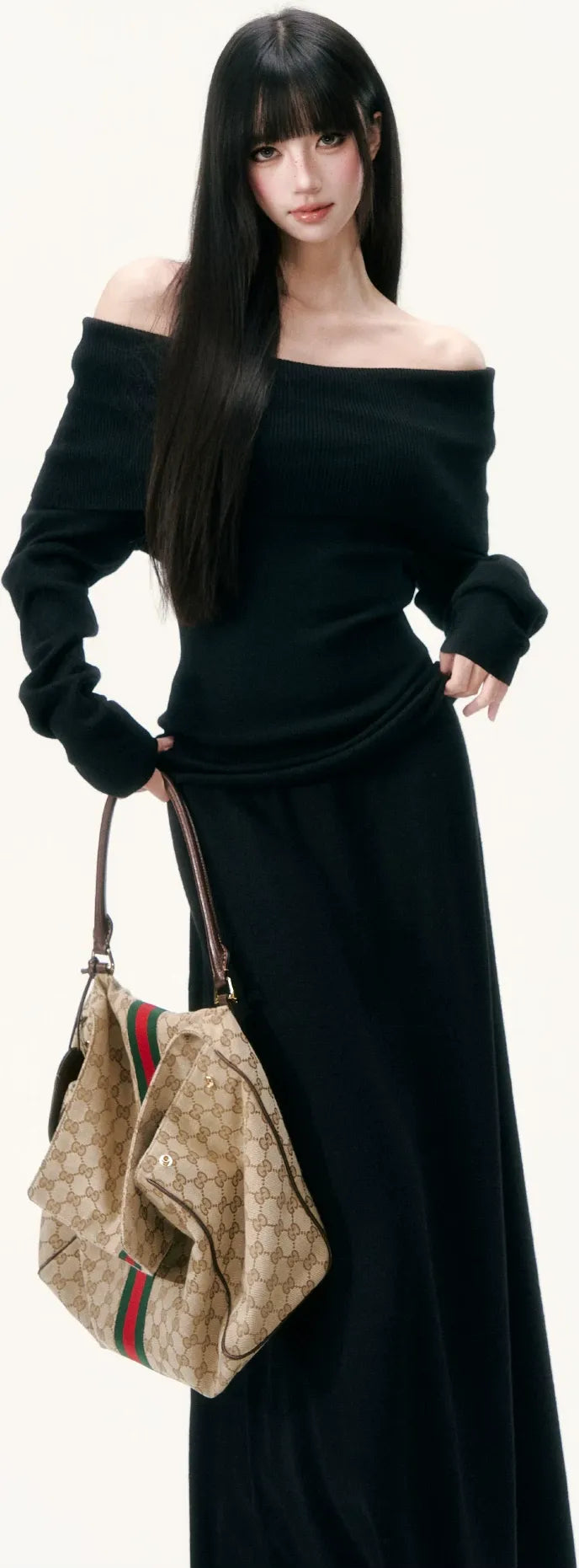 Wool Blend Off-Shoulder Skirt Set