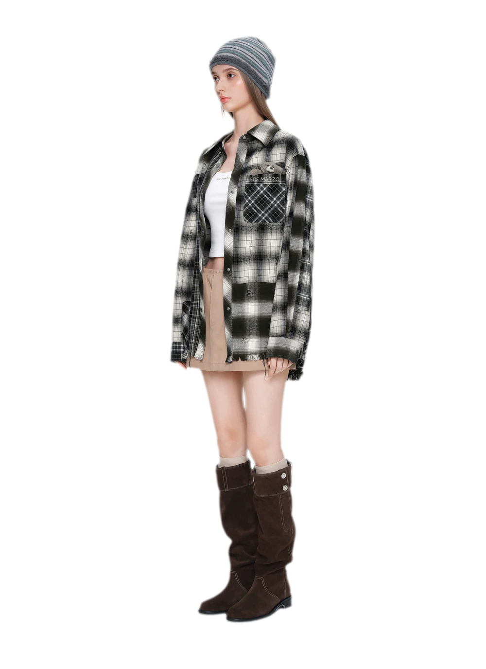 Distressed Patchwork Plaid Overshirt