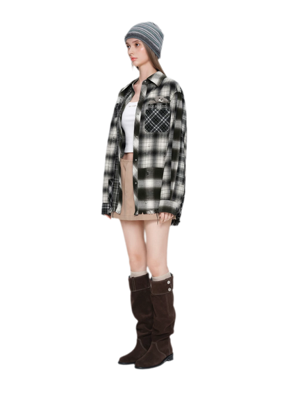 Distressed Patchwork Plaid Overshirt