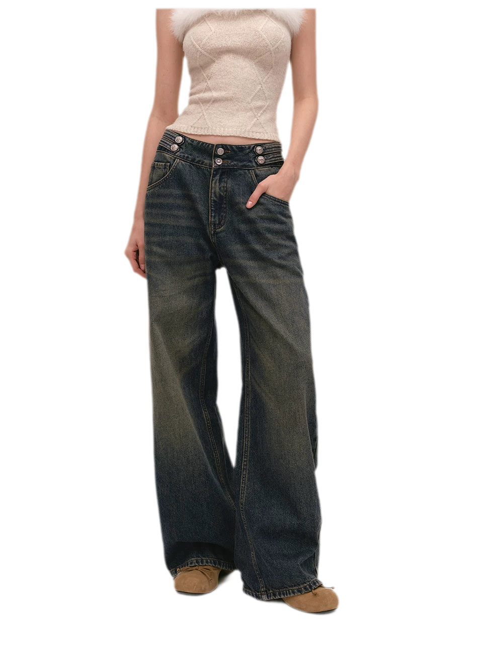 Quần jeans ống rộng giặt bạc chải xước
