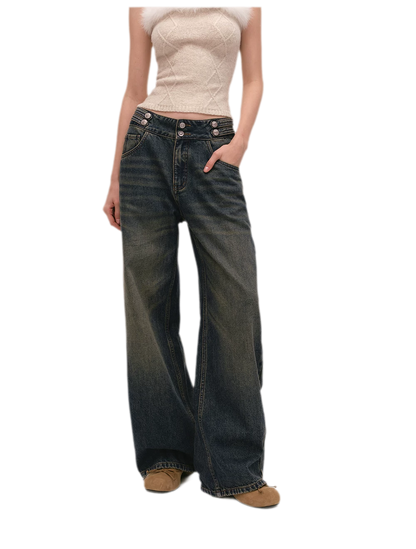 Quần jeans ống rộng giặt bạc chải xước
