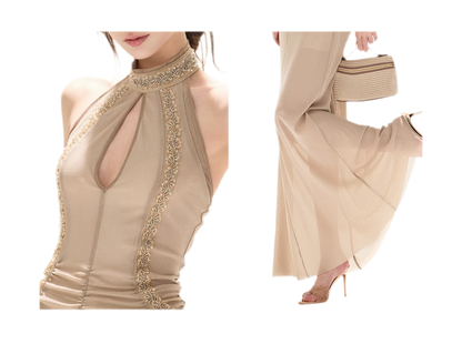 Beaded Halter Mesh Gown