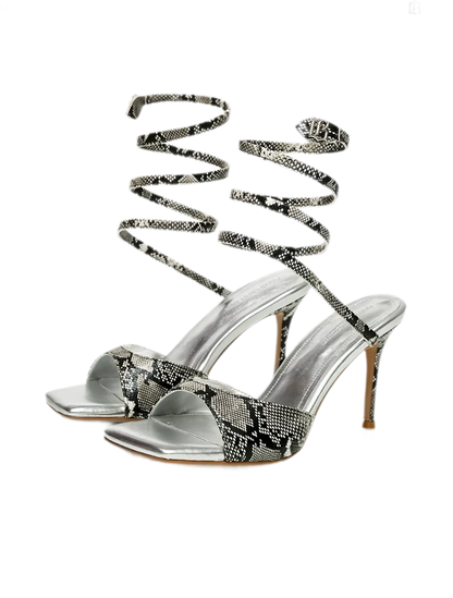Snake-Embossed Spiral Strap Sandals