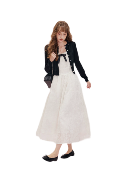 Flocked Bow Contrast Dress