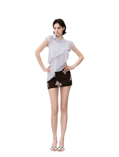 Ruffle Tie-Neck Tencel Short Sleeve Top
