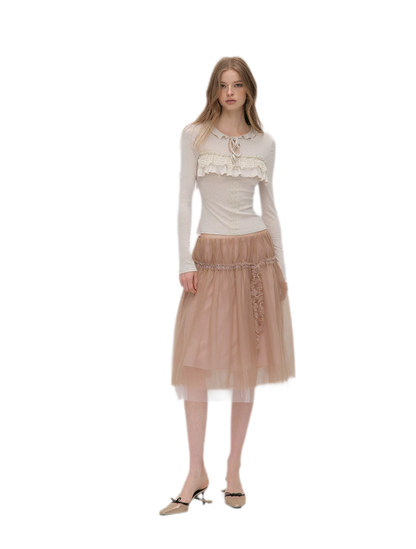 Wool Blend Lace Tie T-Shirt