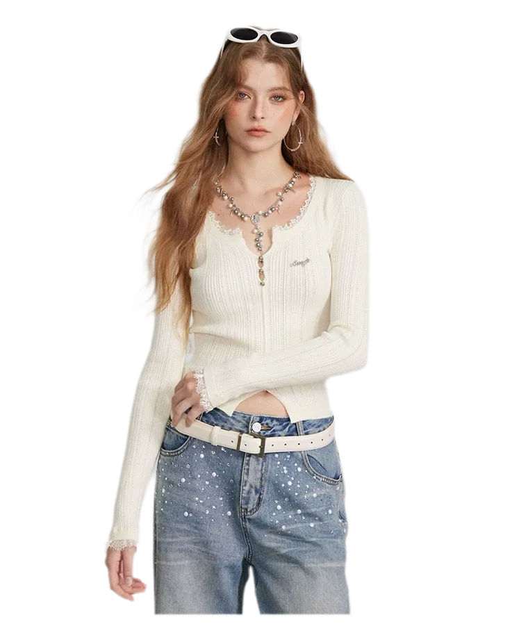Lace Trim Ribbed Knit Top