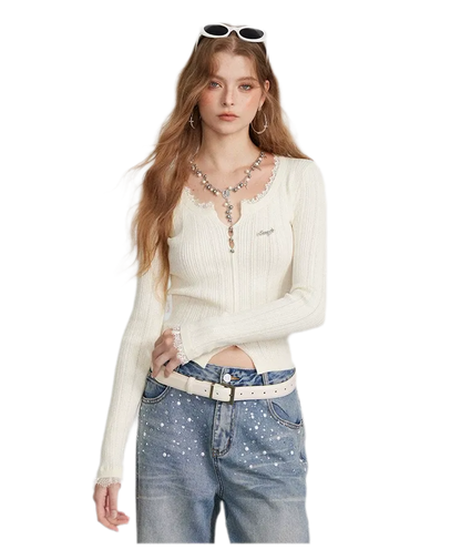 Lace Trim Ribbed Knit Top