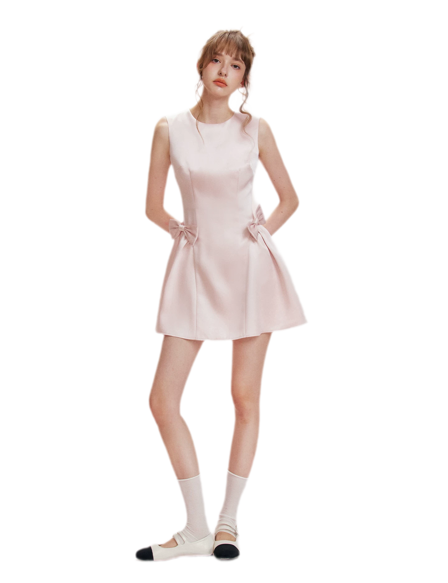 Pearlescent Satin Waist-Tie Dress