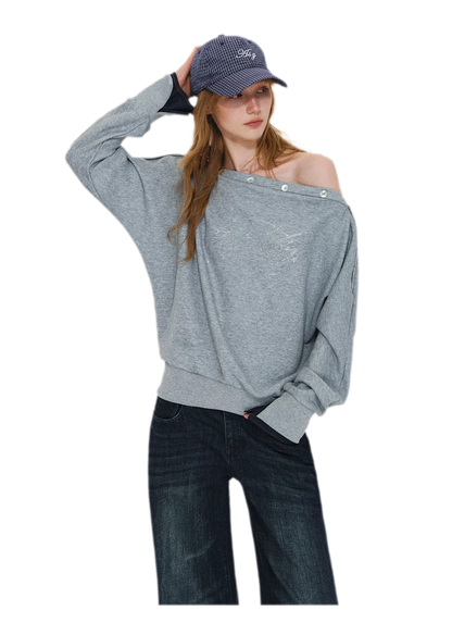 Rhinestone Off-Shoulder Relaxed Sweatshirt