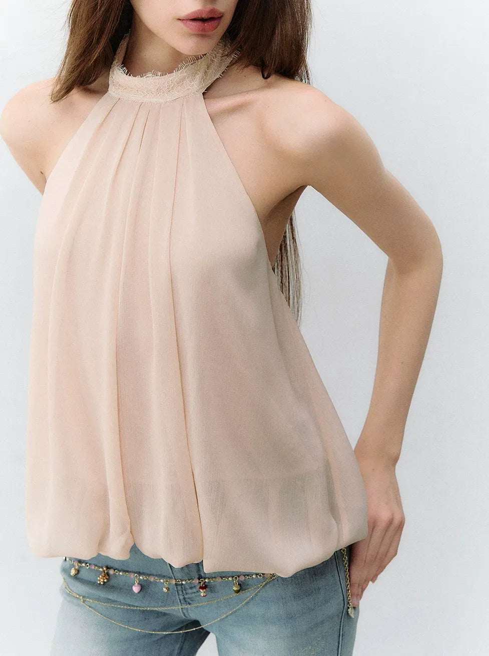 Sleeveless Chiffon Tie-Neck Waist Shirt