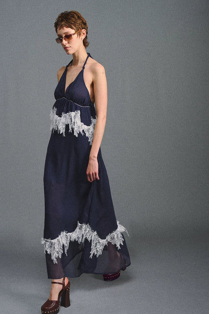 Deep V Halter Maxi Dress in Serene Blue