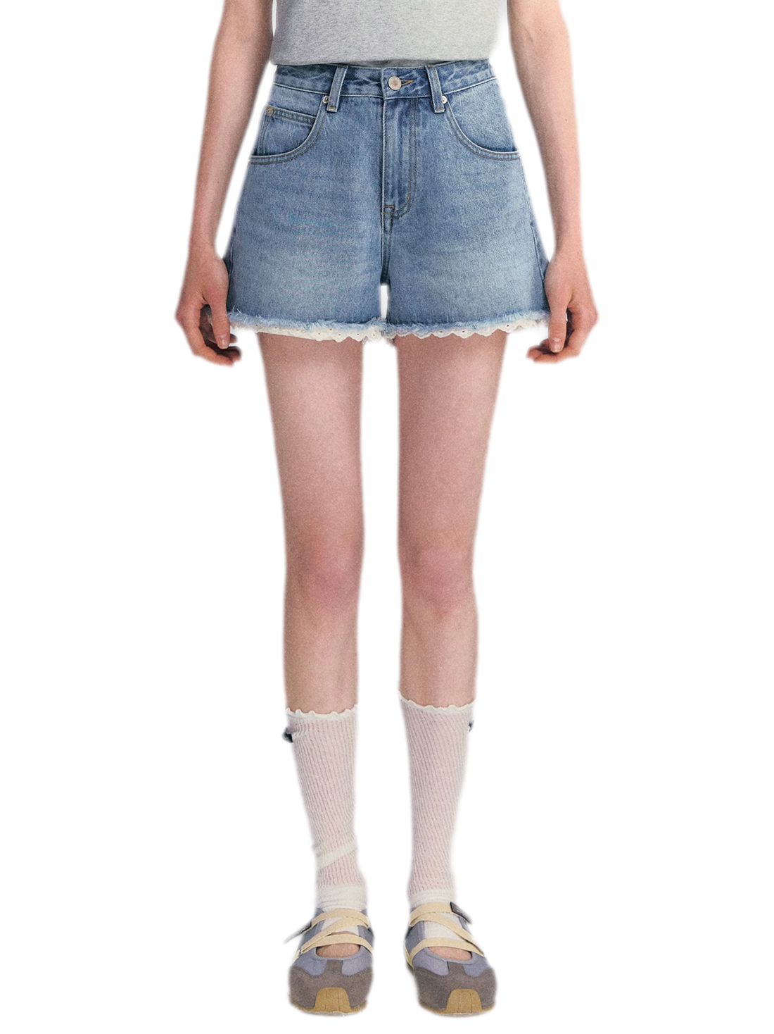 Lace Trim Washed Denim Shorts