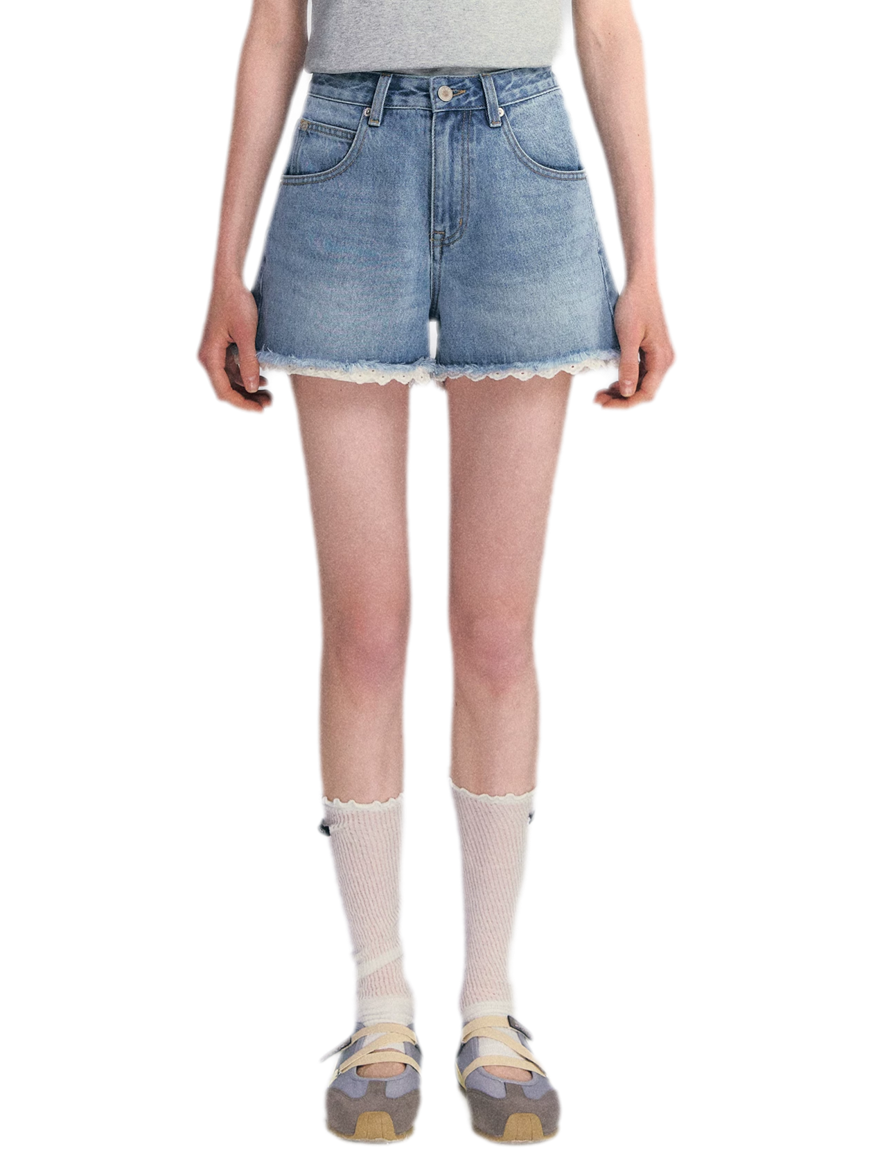 Lace Trim Washed Denim Shorts