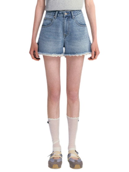 Lace Trim Washed Denim Shorts
