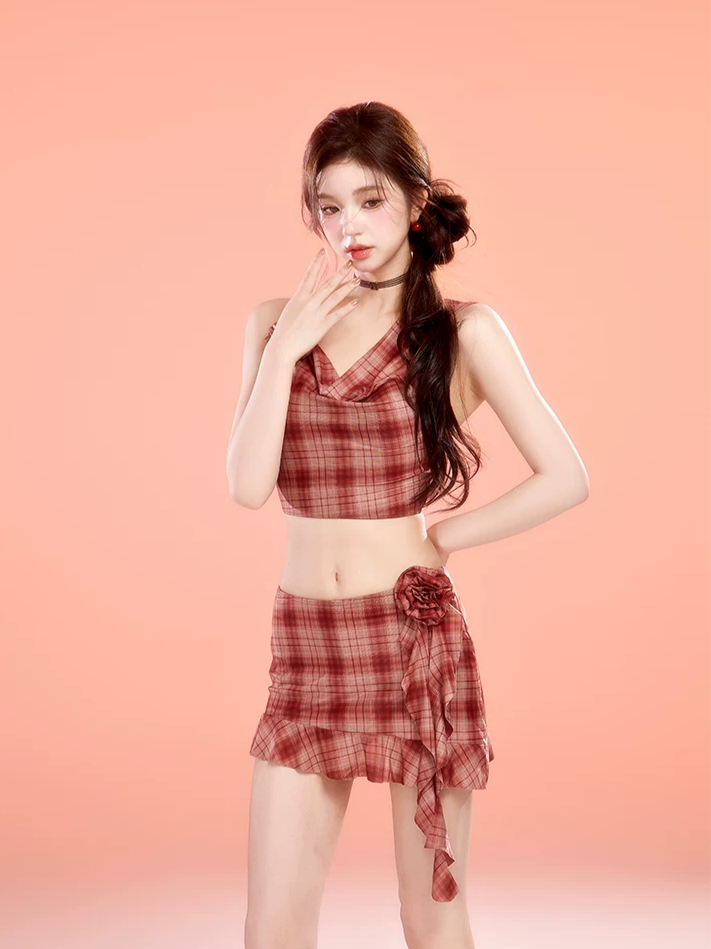 Plaid Cowl Neck Skort Set