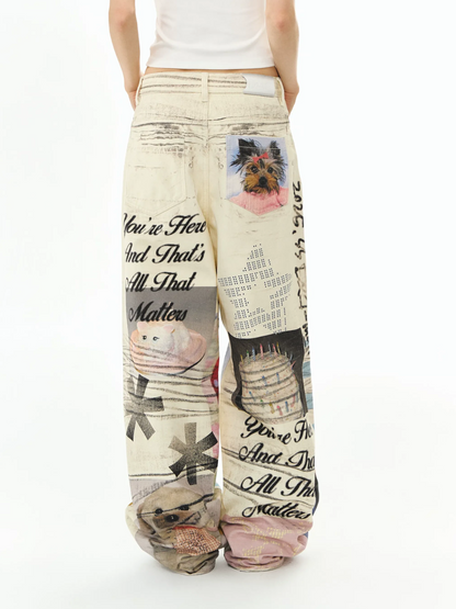 Washed Print Wide-Leg Jeans