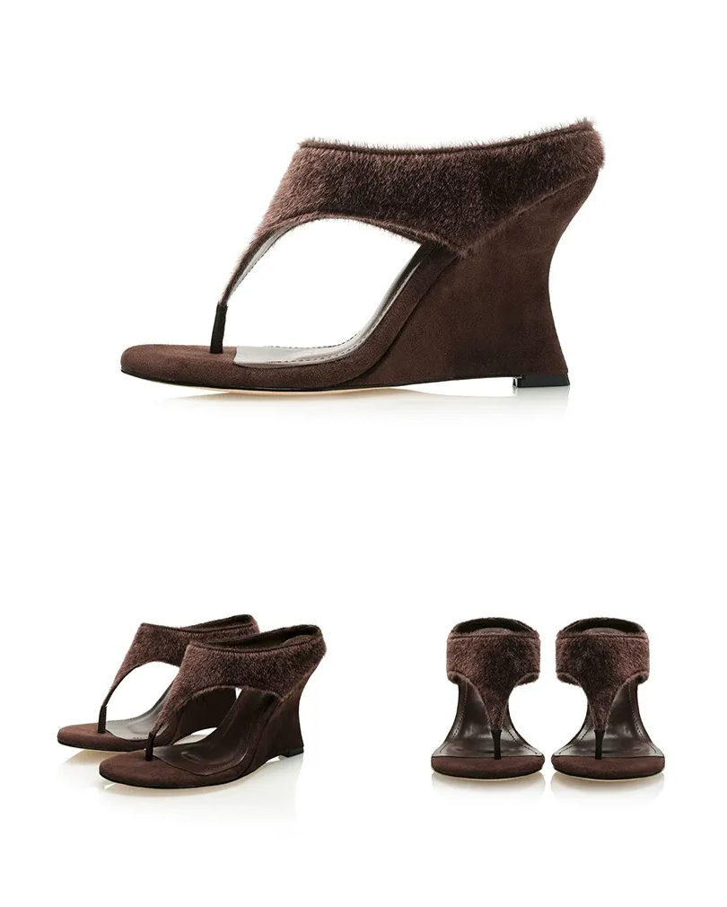 Faux Horsehair Wedge Thong Sandals