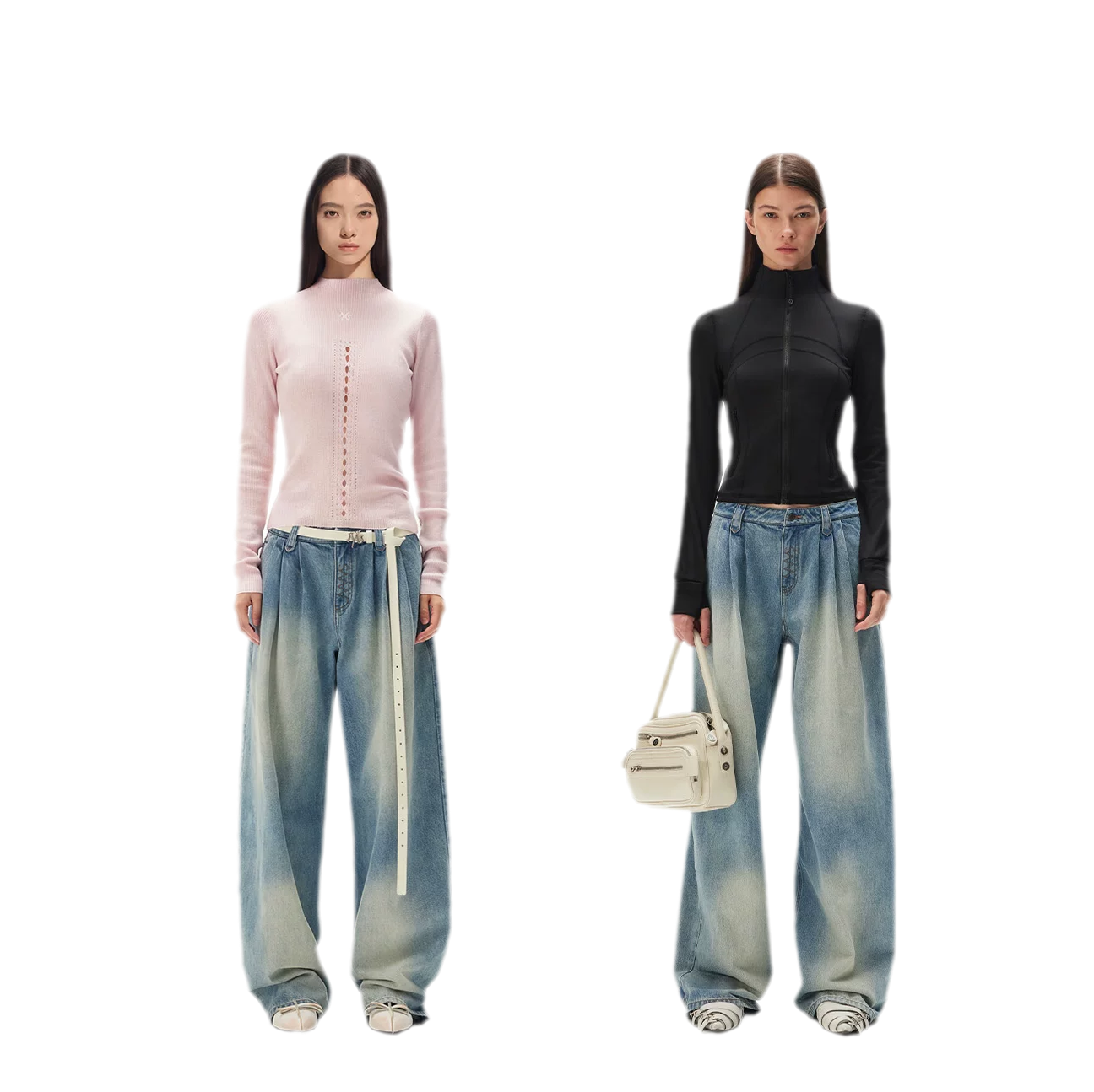 Washed Pleated Wide-Leg Jeans